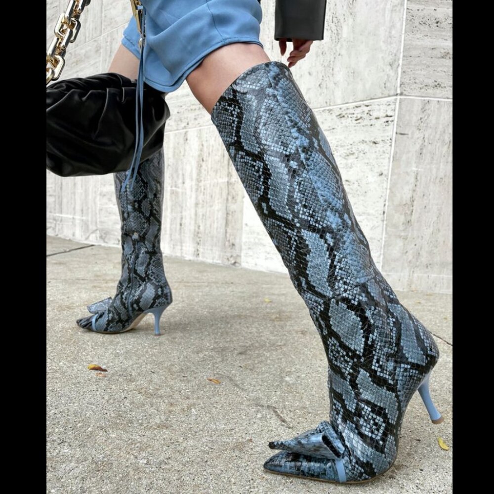 WORE ONCE. Malone Souliers Blue Snakeskin Iva Knee-High Boots